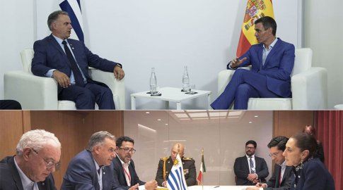 Yamandú Orsi con Pedro Sánchez (arriba), foto: Presidencia de Uruguay. Orsi con Claudia Sheinbaum (abajo), Foto: Cancillería de Uruguay.