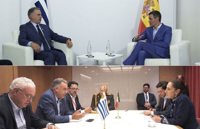 Yamandú Orsi con Pedro Sánchez (arriba), foto: Presidencia de Uruguay. Orsi con Claudia Sheinbaum (abajo), Foto: Cancillería de Uruguay.