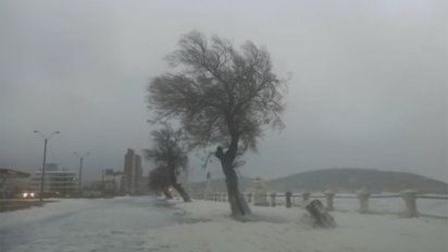 espuma, lluvia, viento y mucho frio, asi estaba la rambla de piriapolis