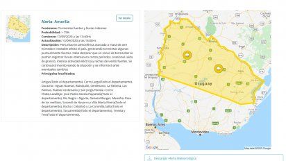 inumet actualiza advertencia: solo amarilla para el norte del pais