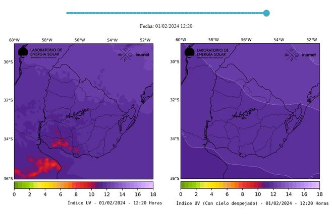 Uruguay bajo alerta violeta por radiación extrema de UV a las 12:20 de este jueves 1 de febrero. Foto: web de Meteorología.