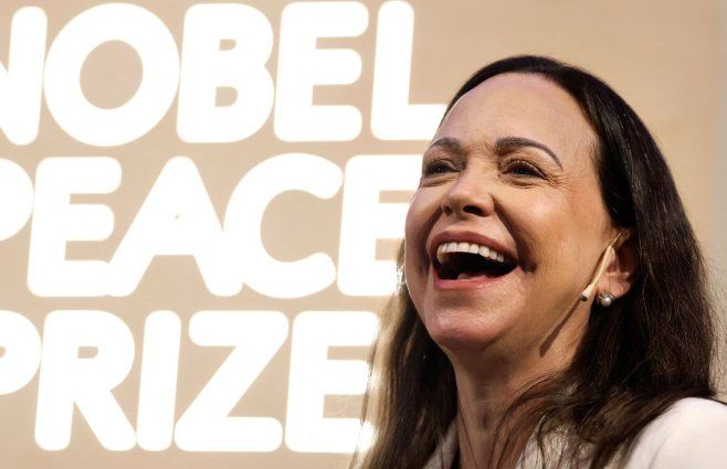 María Corina Machado durante la conferencia de prensa en Oslo. Foto: AFP