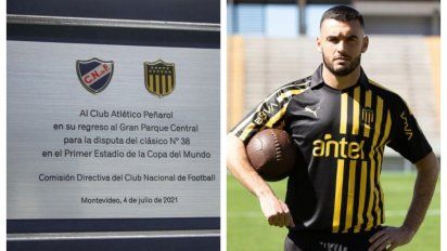 La plaqueta que será devuelta por Ruglio y Tito Formiliano probándose la camiseta que remeda la estética del CURCC