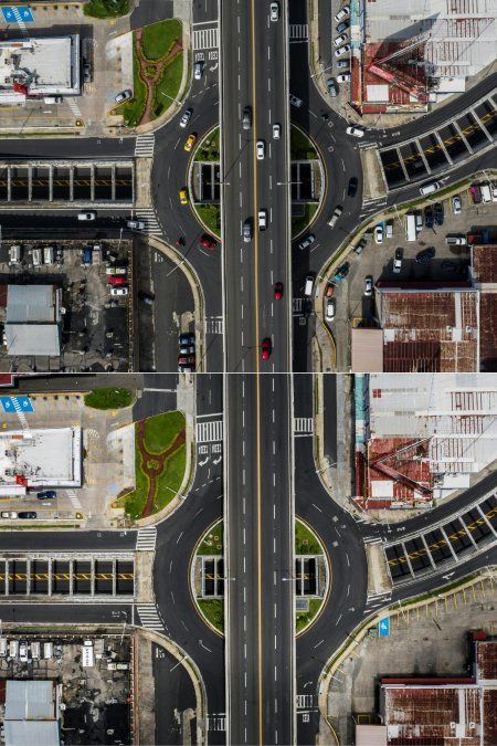 Vista aérea de la Vía Simón Bolívar o la Autopista Transistmica, en Panamá, el 1 de junio de 2020 y otra tomada el 31 de mayo de 2020 durante el último día de bloqueo total.
