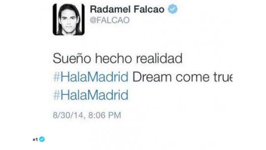 Falcao anuncia su llegada a Madrid y luego borra el tuit