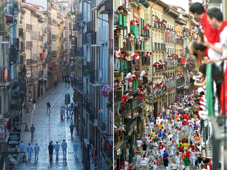 La calle Estafeta durante una celebración simbólica de la primera corrida del festival de San Fermín, el 7 de julio de 2020. La otra foto de archivo, tomada el 14 de julio de 2019, muestra la misma calle durante la celebración de la última corrida del festival San Fermín 2019.