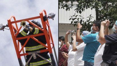 bombero brinda espectaculo de trompeta en hospital