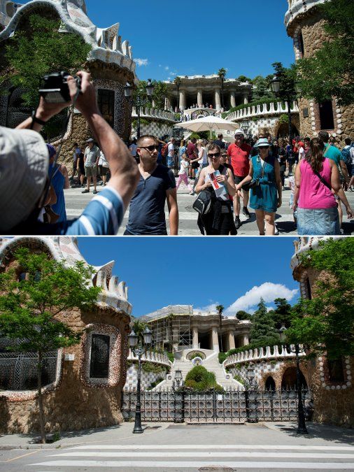 Turistas visitando el Parque Güell de Barcelona el 10 de agosto de 2017 y el mismo lugar, vacío, el 13 de mayo de 2020.