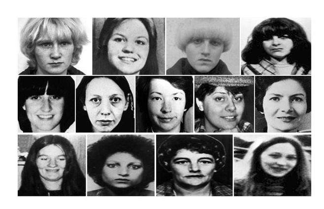 Las 13 víctimas asesinadas por Peter Sutcliffe (desde arriba a la izquierda hacia la derecha): Wilma McCann, Jayne McDonald, Yvonne Pearson, and Patricia Atkinson. Josephine Whitaker, Vera Millward, Jacqueline Hill, Barbara Leach and Marguerite Walls. Irene Richardson, Helen Rytka, Emily Jackson and Jean Jordan