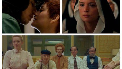Arriba: Adam Driver y Marion Cotillard en Annette y un fotograma de&nbsp; Benedetta de Paul Verhoeven. Abajo: Crónica francesa de Wes Anderson