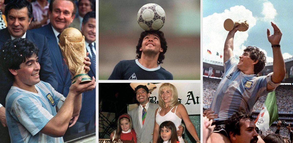 Collage de Maradona en la cima de su carrera, mostrando el Mundial de Fútbol ganado en México 86, durante una sesión de entrenamiento del Mundial de México (C-top), y con su familia en octubre de 1985 celebrando su cumpleaños.&nbsp;