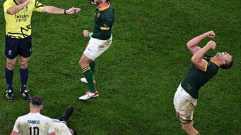 Sudáfrica festeja el triunfo en la hora ante Inglaterra y jugará la final del Mundial de Rugby ante Nueva Zelanda. Foto: AFP.