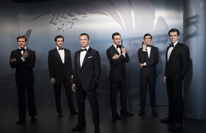 Las caras de James Bond: Timothy Dalton, Daniel Craig, Sean Connery, George Lazenby and Pierce Brosnan en el Museo de cera Madame Tussauds presentados en 2016.