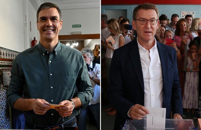 Presidente del gobierno de España y líder del PSOE Pedro Sánchez (izq.) y Alberto Núñez Feijóo, lider del PP. Foto: AFP.