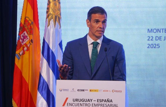 Pedro Sánchez en el encuentro de empresarios españoles y uruguayos en Montevideo. Foto: FocoUy