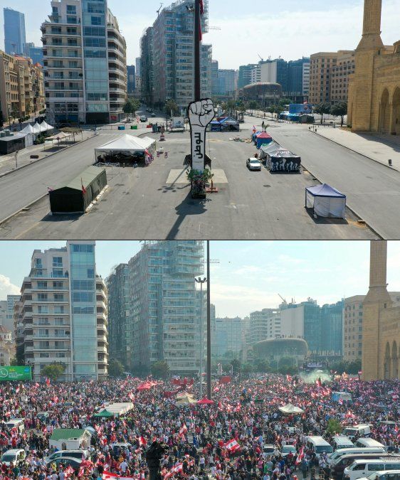 Plaza de los Mártires de Beirut, la capital libanesa, casi desierta durante la nueva crisis de coronavirus y una vista aérea tomada el 20 de octubre de 2019 de una manifestación en contra la corrupción oficial en el país.