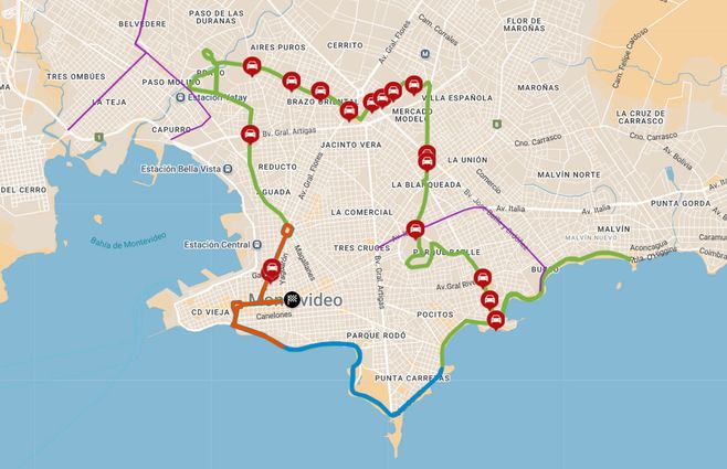 Mapa del recorrido de la maratón del domingo en Montevideo.