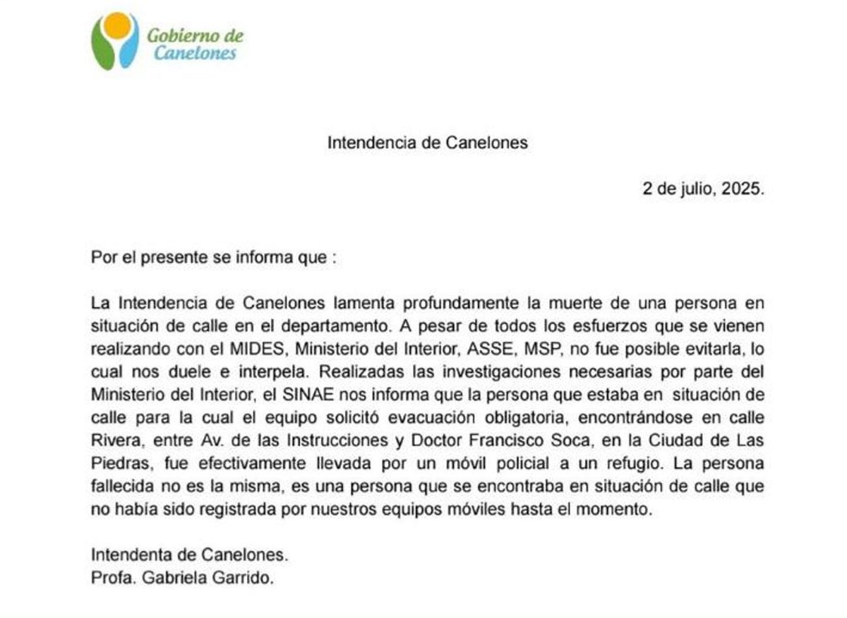 Captura de pantalla hecha por Subrayado, al comunicado de la Intendencia de Canelones. Captura de pantalla hecha por Subrayado, al comunicado de la Intendencia de Canelones.