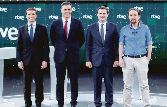 Pablo Casado (Partido Popular) Pedro Sánchez&nbsp; (PSOE),&nbsp; Albert Rivera (Ciudadanos) y Pablo Iglesias (Podemos)