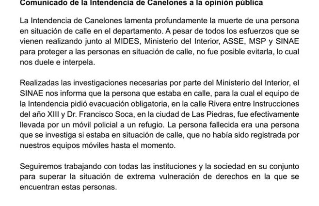 Tercer comunicado, emitido a las 9:06 de este jueves, donde dice que se investiga si el hombre vivía en calle.