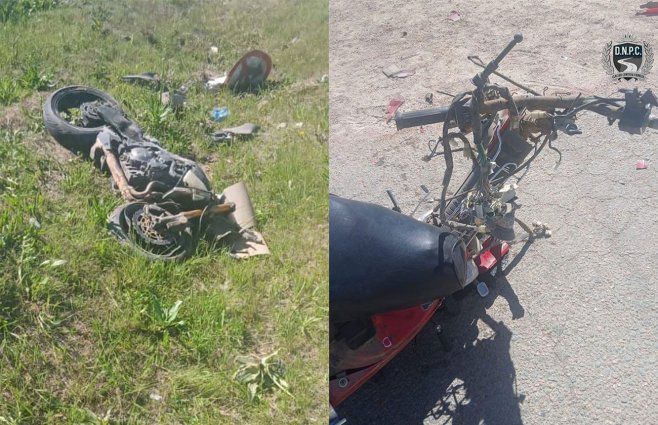Las dos motos que chocaron de frente este martes de mañana en la ruta 36 de Los Cerrillos, Canelones. Foto: Policía Caminera.
