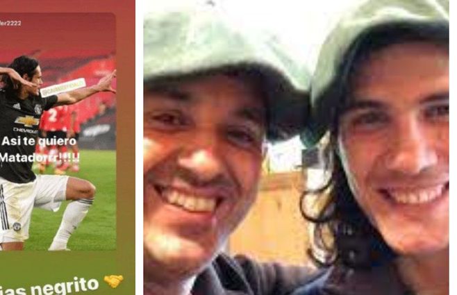 El saludo del amigo, la respuesta de Cavani que obligó a borrar el mensaje de inmediato. Y en la otra foto, Cavani con el amigo que originó la expresión gracias negrito
