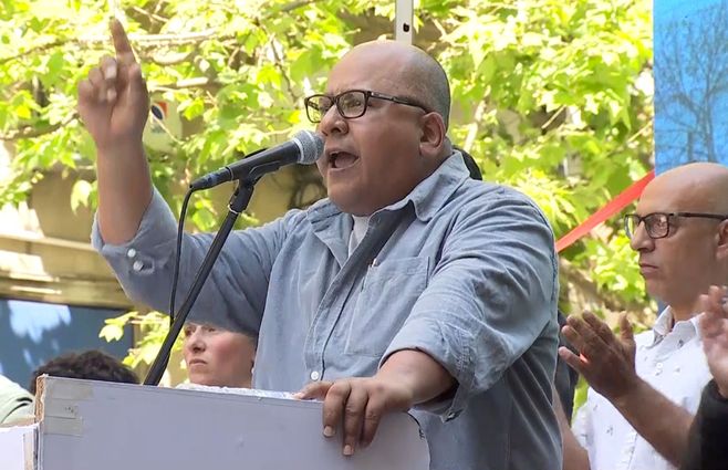 José Olivera, vicepresidente de Fenapes, en el acto del PIT-CNT. Miércoles 16 de octubre. Foto: captura de pantalla.